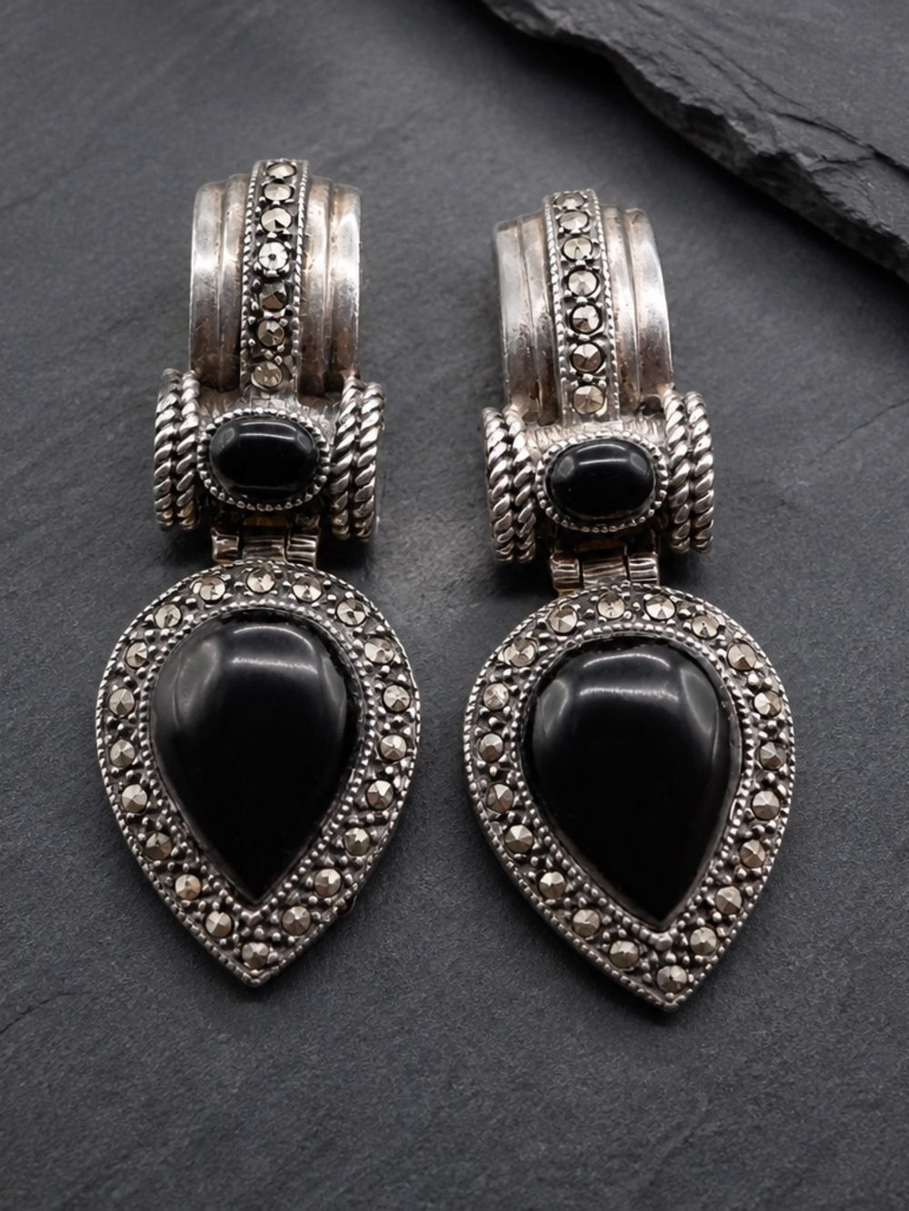 Vintage NF signed Black Onyx Teardrop Marcasite Drop Earrings